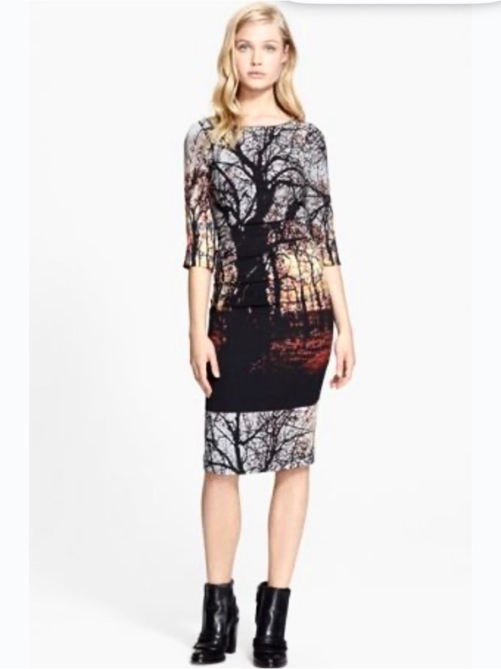 Tracy Reese Runway Forest Tree Landscape Silk Dress 6 Ruched Wearable Art Luxury